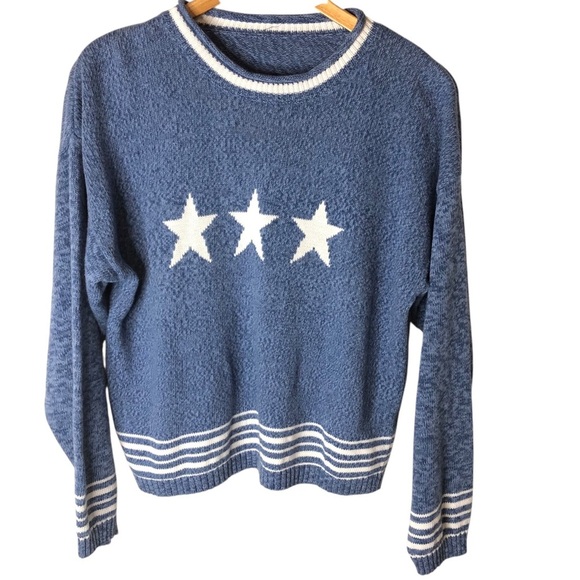 Vtg Y2K Christopher Banks Knit Sweater Sz L Blue White Star Beachy Casual Sporty - Picture 4 of 9